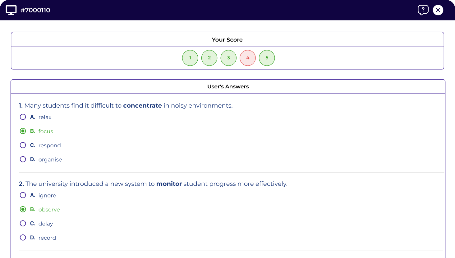 LanguageCert Practice Test with Instant Feedback and Score Analysis LanguageCert practice test interface displaying instant feedback and detailed score analysis for answers
