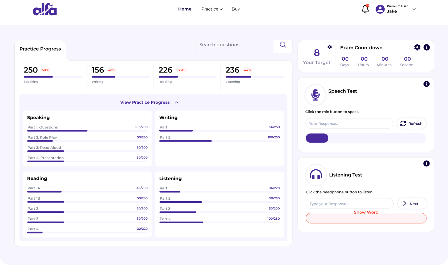 LanguageCert Performance Dashboard for Progress Tracking LanguageCert practice platform dashboard showing performance tracking, scores, and progress analytics