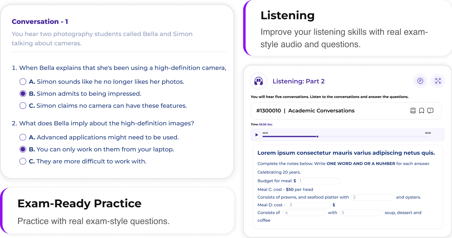 LanguageCert Listening Practice Test Interface LanguageCert listening practice test screen showing audio-based questions and multiple choice answers