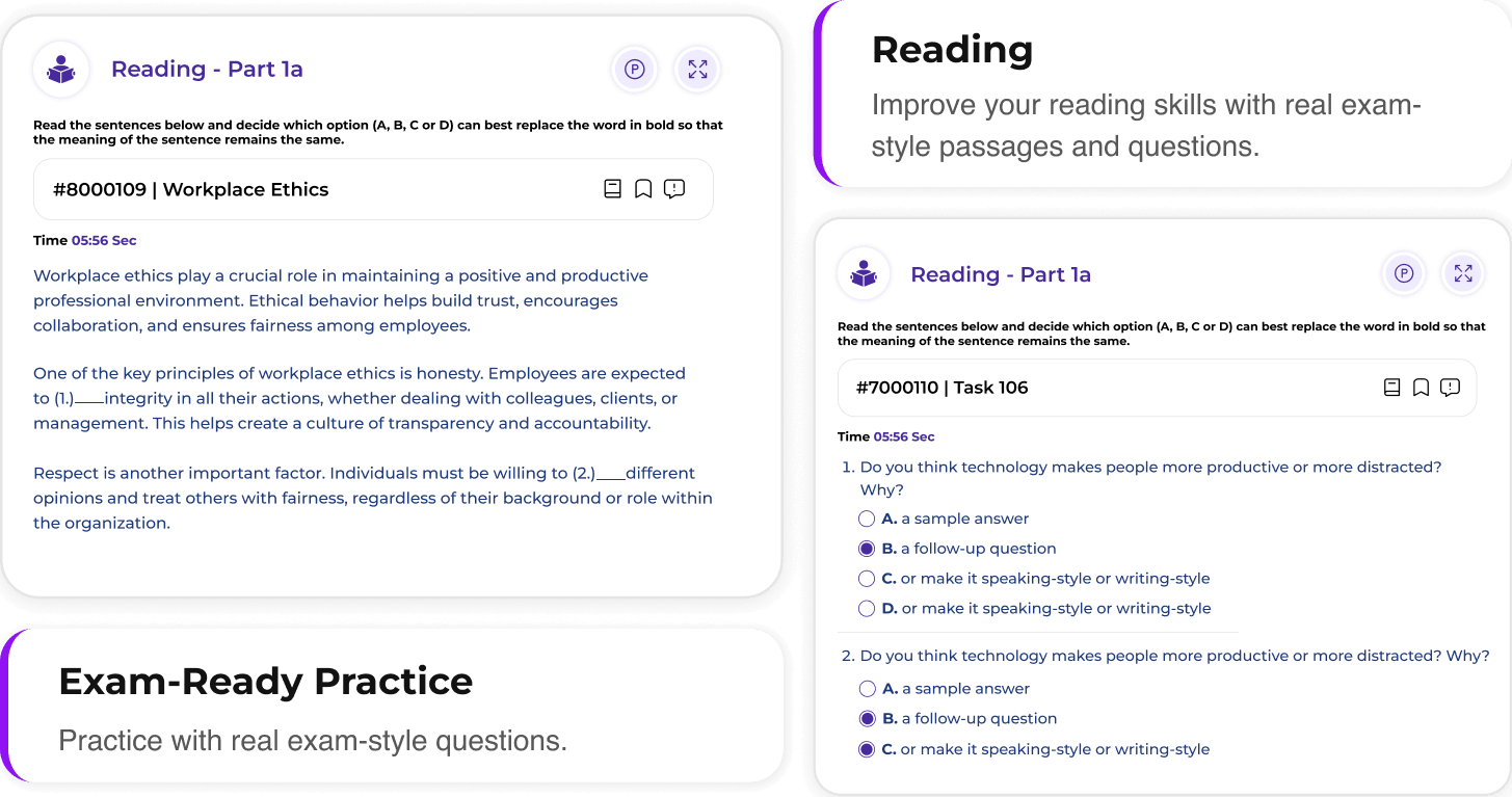 LanguageCert Reading Practice Test Dashboard LanguageCert reading practice test interface with passage-based questions and answer selection