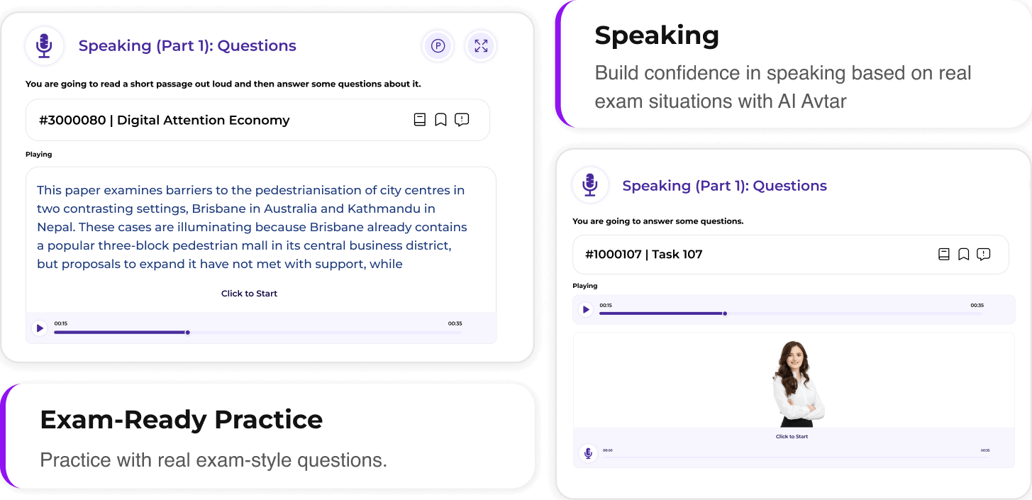 LanguageCert Speaking Practice Test with AI Avatar LanguageCert speaking practice test interface with AI avatar and voice-based question response