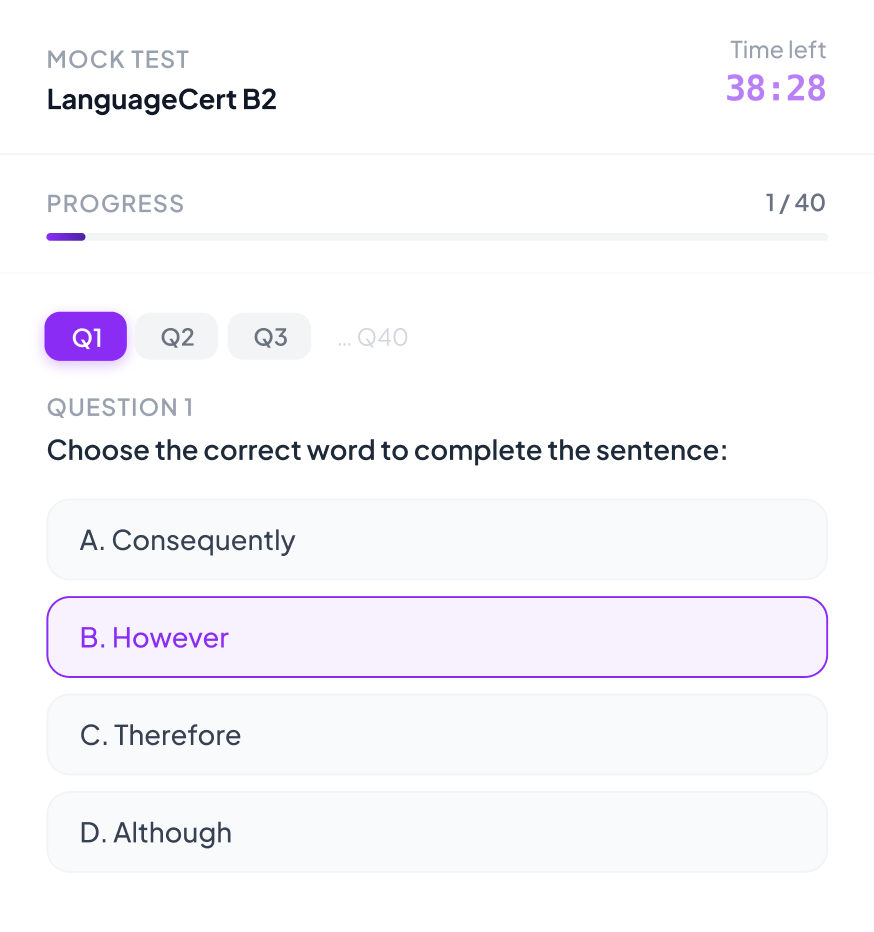 LanguageCert Mock Test Grammar Question Interface LanguageCert mock test interface showing multiple choice grammar question with answer selection and timer