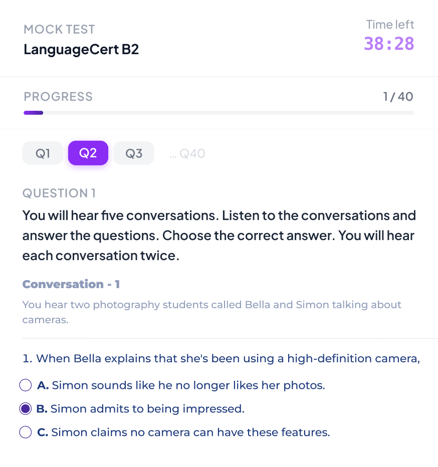 LanguageCert Listening Mock Test Conversation Screen LanguageCert listening practice test with conversation audio questions and multiple choice answers