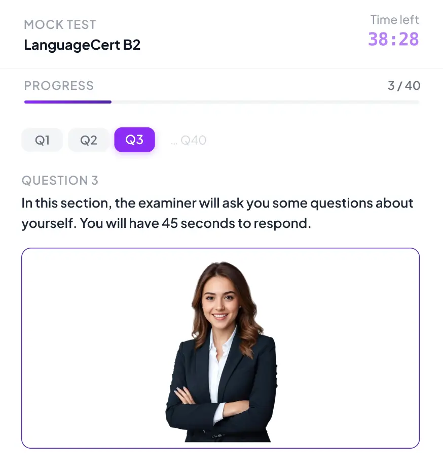 LanguageCert Speaking Test Interface with AI Examiner LanguageCert speaking practice test screen with AI avatar asking questions for voice response